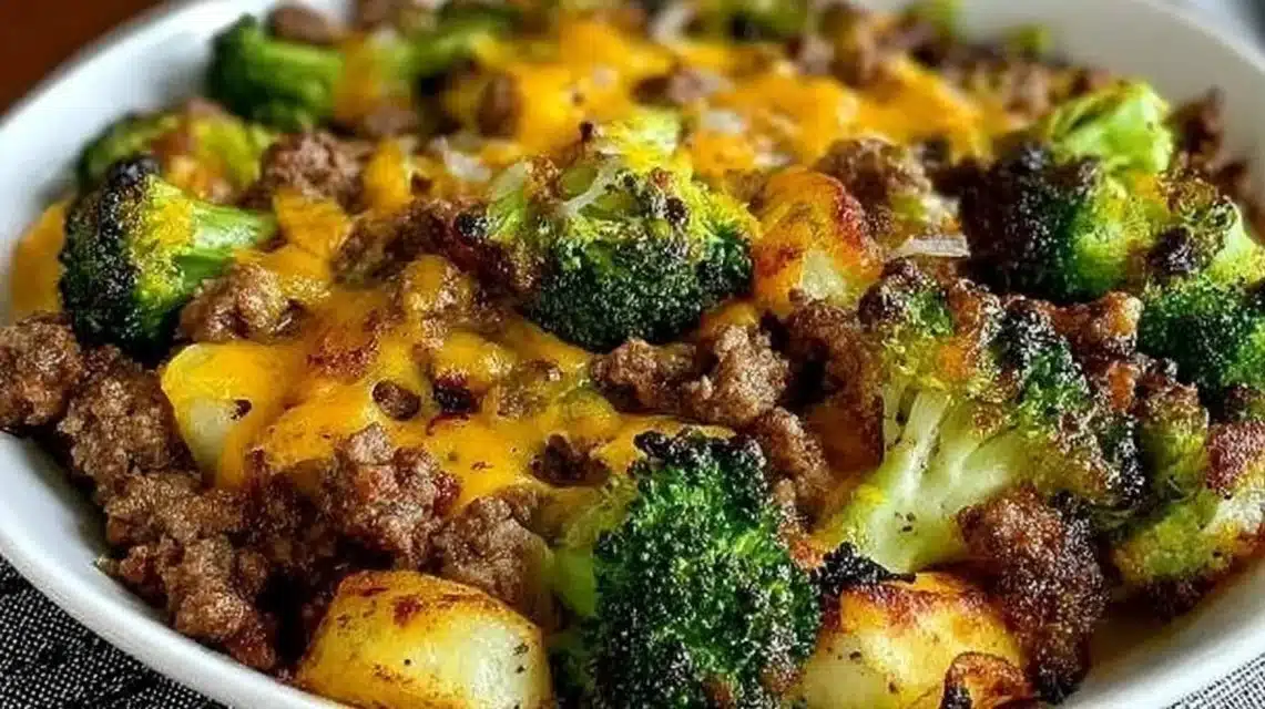 Keto Hamburger Broccoli Skillet (Easy, Cheesy One-Pan Dinner!) 1 Keto Hamburger Broccoli Skillet dish, healthy low-carb meal