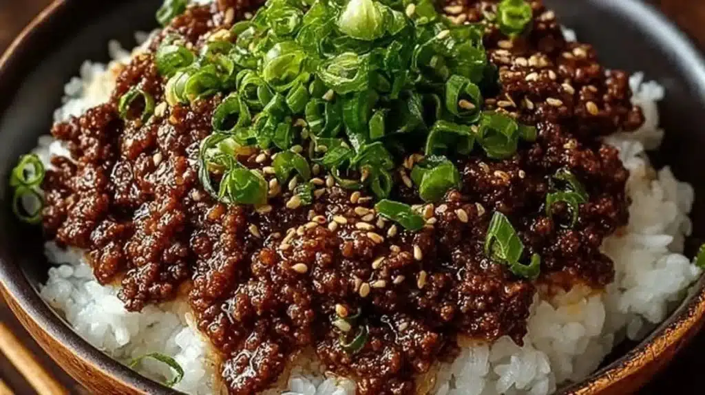 Korean Ground Beef Bowl with colorful vegetables and rice.