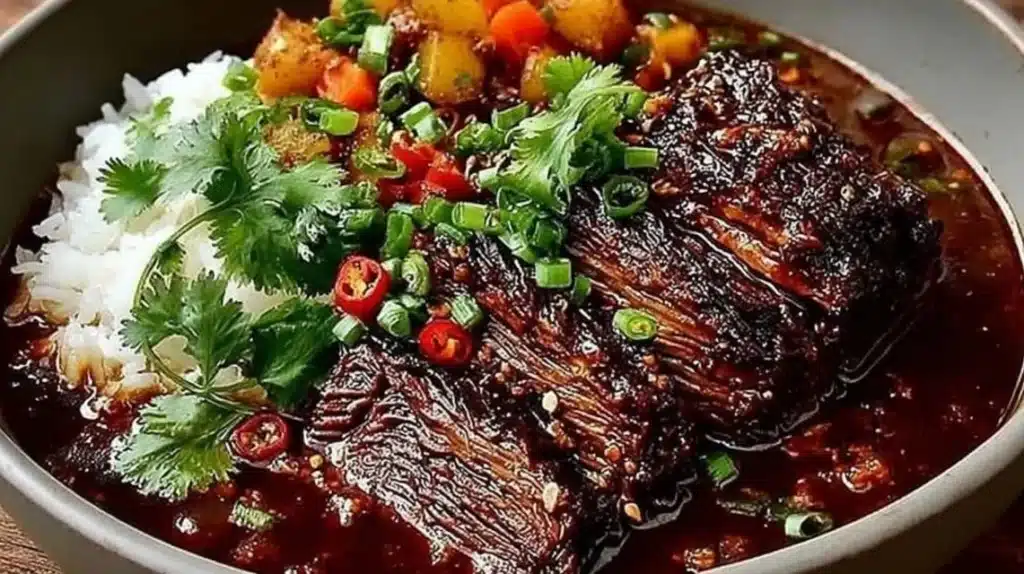 Deliciously cooked Korean pot roast with vegetables in a serving dish.