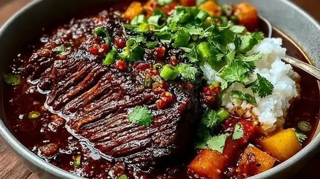 Delicious Korean style pot roast served with fresh vegetables and herbs