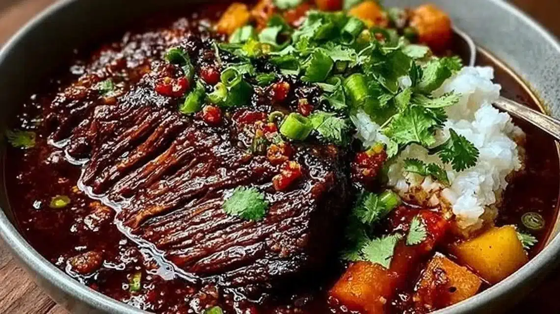 Delicious Korean style pot roast served with fresh vegetables and herbs