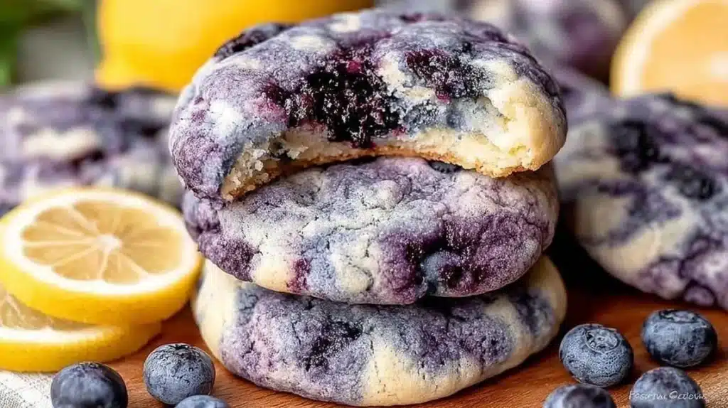 Lemon blueberry cheesecake cookies on a plate with fresh blueberries