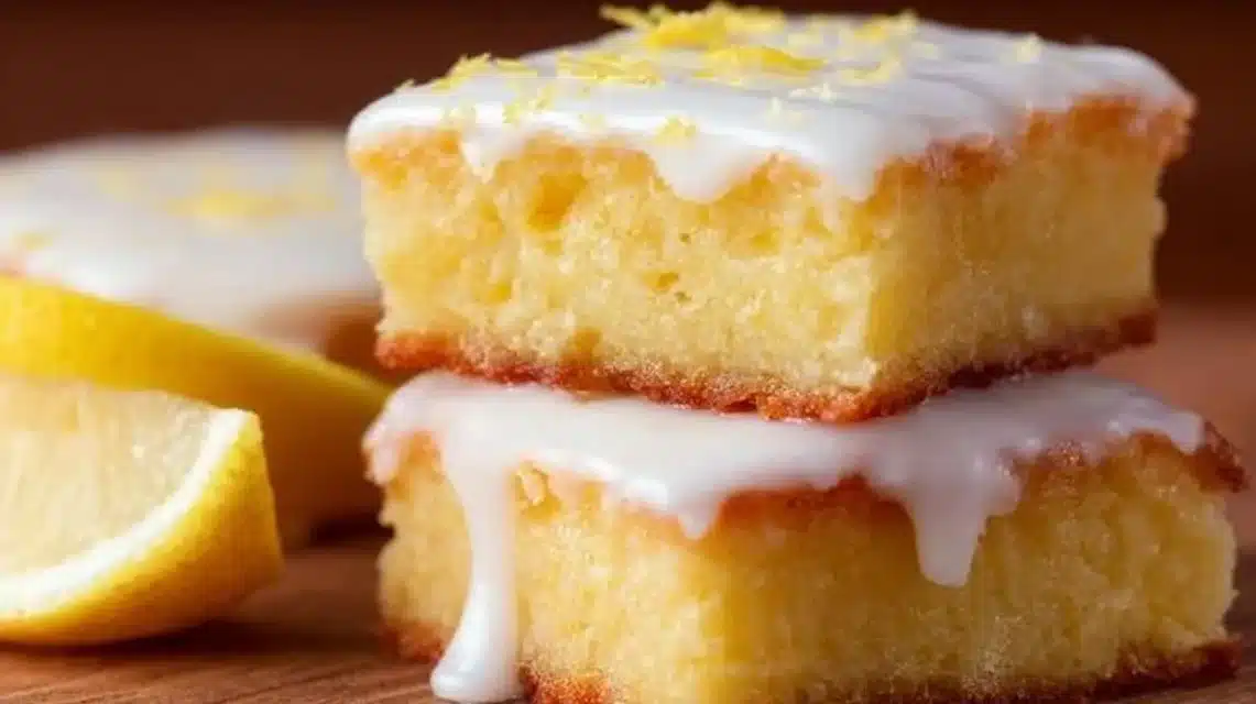 Delicious lemon brownies with a zesty glaze and fresh lemon garnish