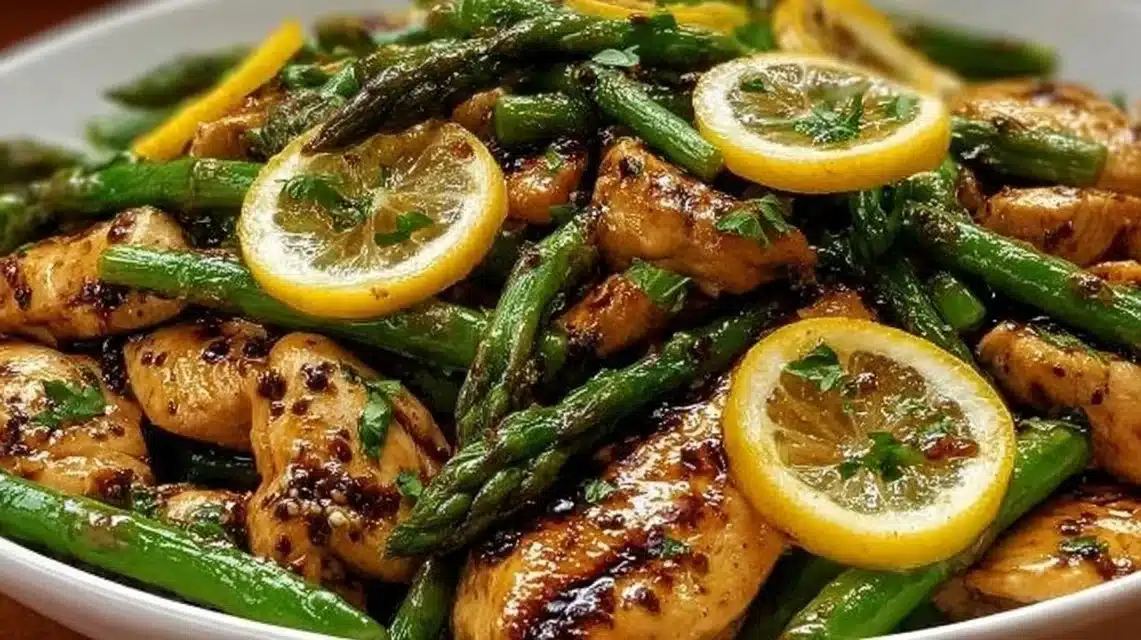 Lemon Chicken Asparagus Stir-Fry (Easy Weeknight Meal) 1 Lemon Chicken Asparagus Stir-Fry served in a pan with vibrant vegetables