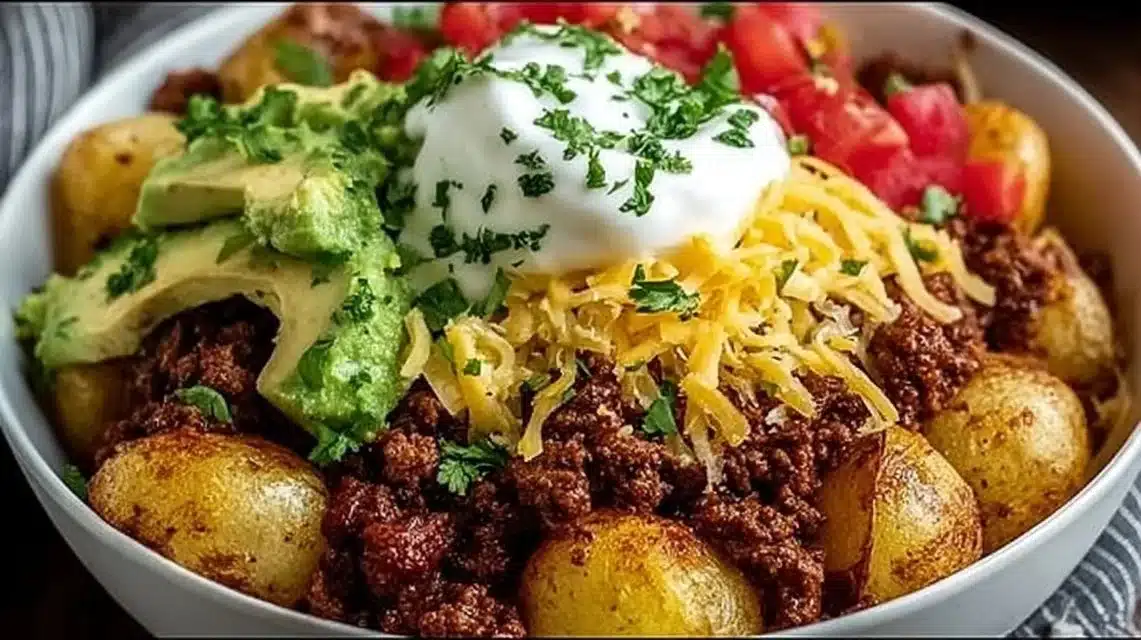 Loaded Potato Taco Bowl Easy Cheesy Weeknight Dinner 1 Loaded Potato Taco Bowl with toppings and colorful ingredients