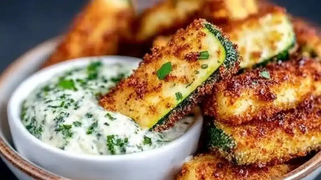 Low calorie air fryer zucchini fries in a bowl, ready to serve.