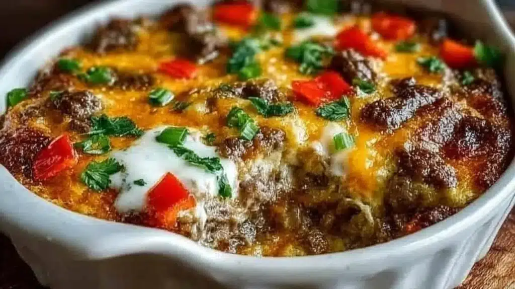 Low Carb Philly Cheesesteak Casserole topped with melted cheese and peppers