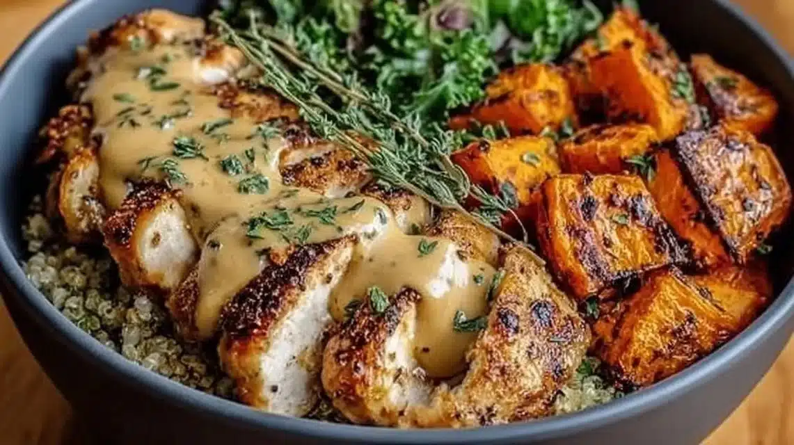 Maple Dijon Chicken & Sweet Potato Bowls (Cozy Comfort Food!) 1 Maple Dijon Chicken served in a bowl with sweet potatoes and fresh greens.