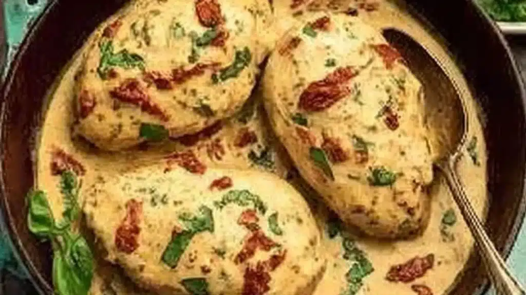 Delicious Marry Me Chicken served with creamy sauce and herbs on a plate.