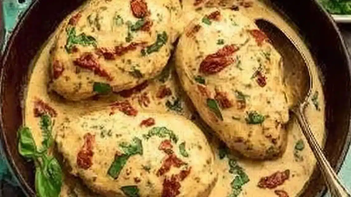 Delicious Marry Me Chicken served with creamy sauce and herbs on a plate.