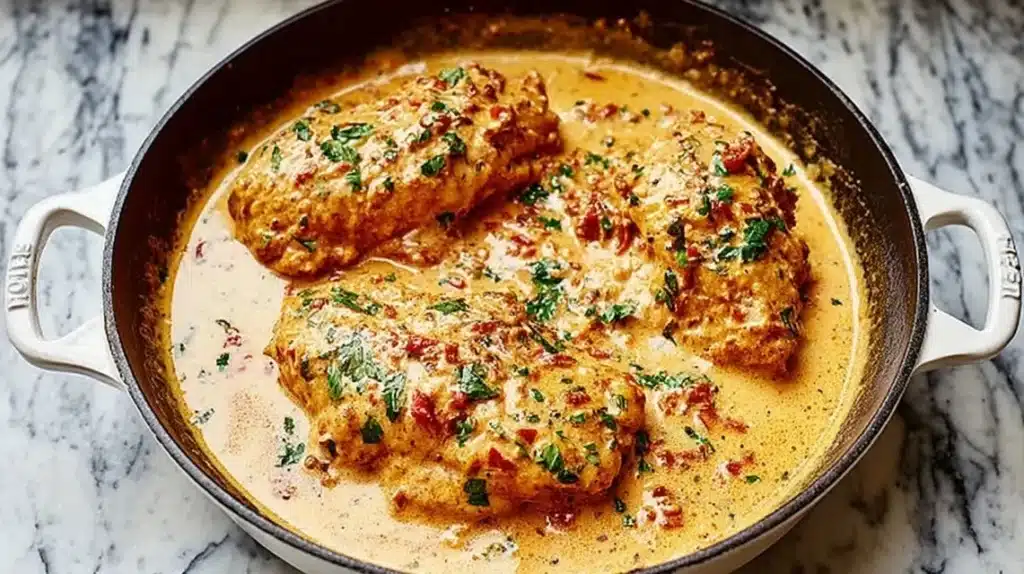 Creamy Marry Me Chicken recipe with herbs and sun-dried tomatoes