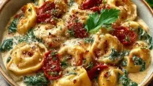 Easy Marry Me Tortellini in 20 Minutes A delicious plate of Marry Me Tortellini garnished with fresh herbs and cheese.