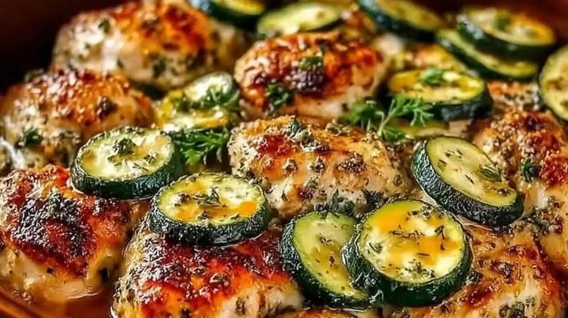 Mediterranean Chicken Zucchini Bake on a plate with fresh herbs