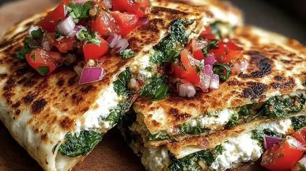 Mediterranean Quesadillas with spinach, feta, mozzarella, and red onion on a plate