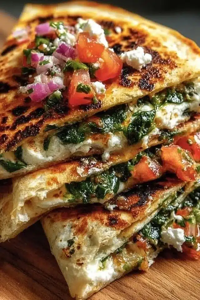 Easy Mediterranean Quesadillas with Spinach and Feta (15 Minutes) 2 Mediterranean Quesadillas with Spinach, Feta, Mozzarella, and Red Onion