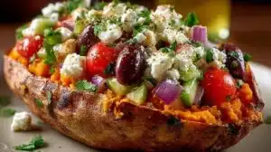 Mediterranean stuffed sweet potatoes topped with herbs and vegetables