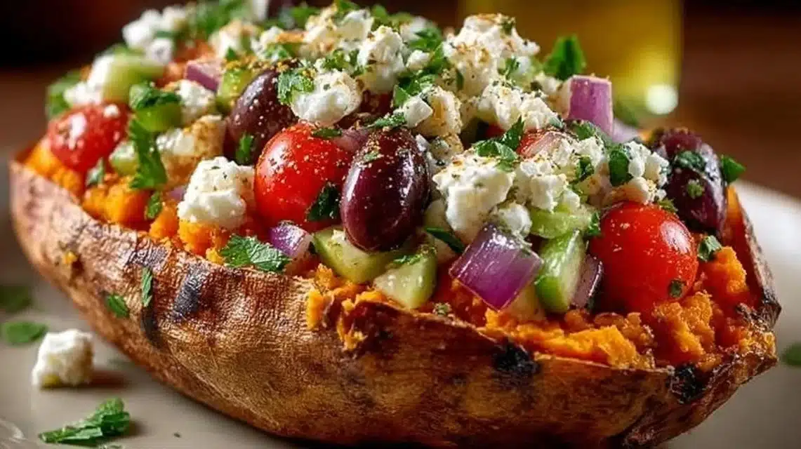 Mediterranean stuffed sweet potatoes topped with herbs and vegetables