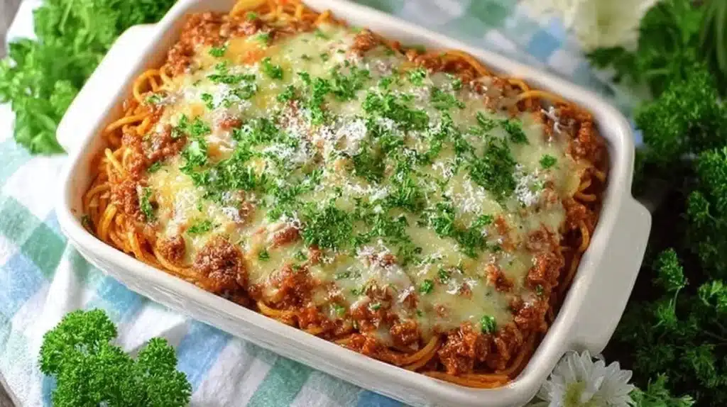 Delicious Million Dollar Spaghetti served in a bowl with fresh ingredients