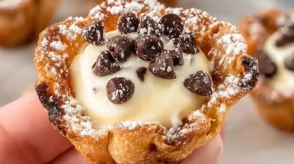 Delicious mini cannoli cups filled with creamy ricotta and garnished with chocolate