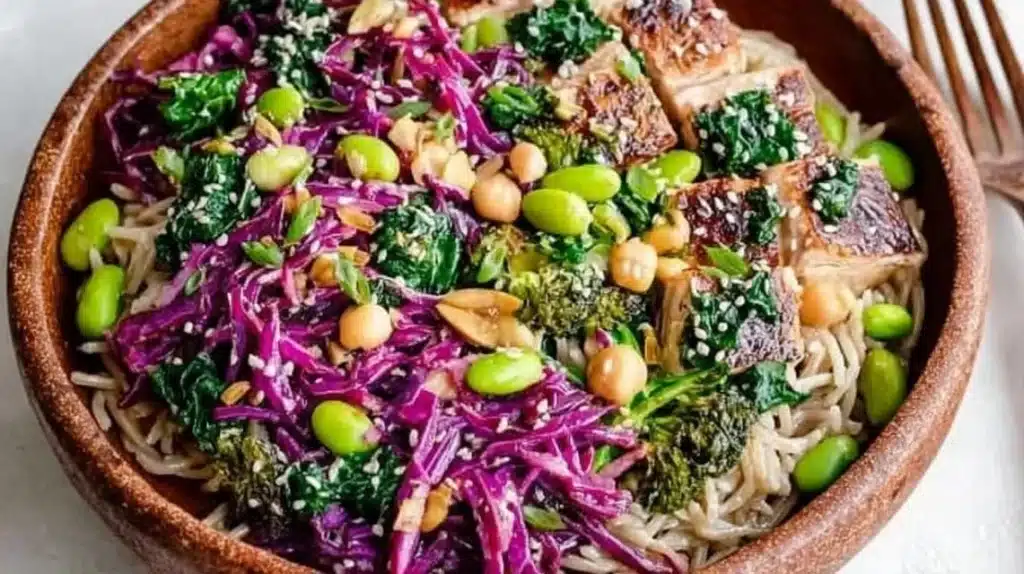 High-protein miso bowl with fresh vegetables and tofu
