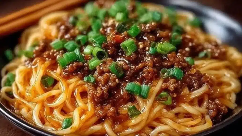 Delicious Mongolian Ground Beef Noodles dish served in a bowl