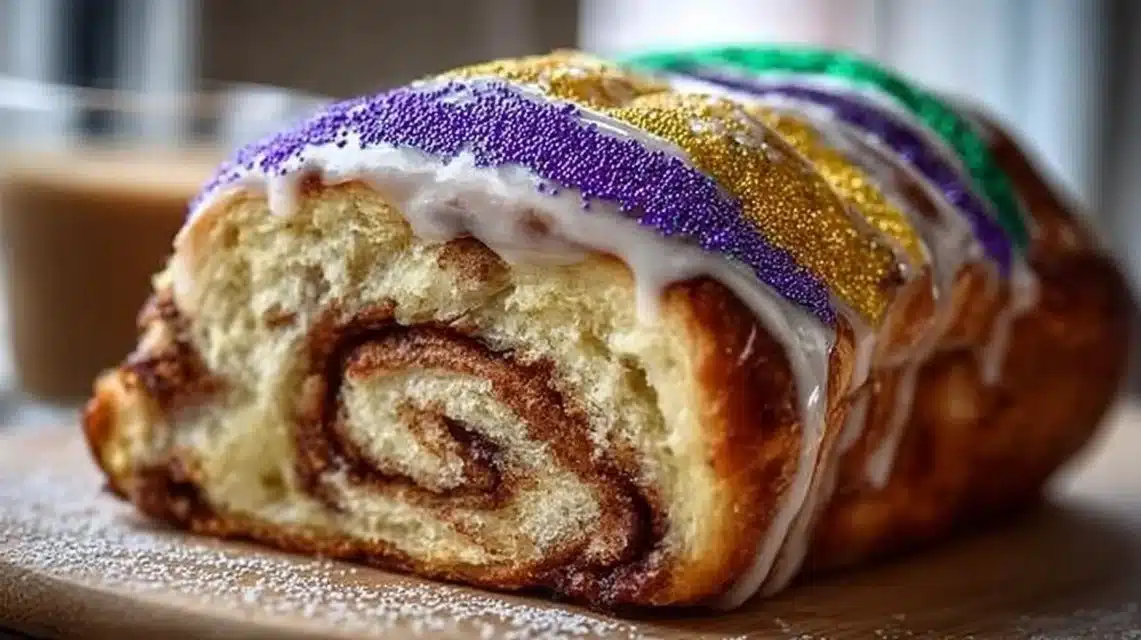 Delicious New Orleans style King Cake with a cinnamon swirl topping