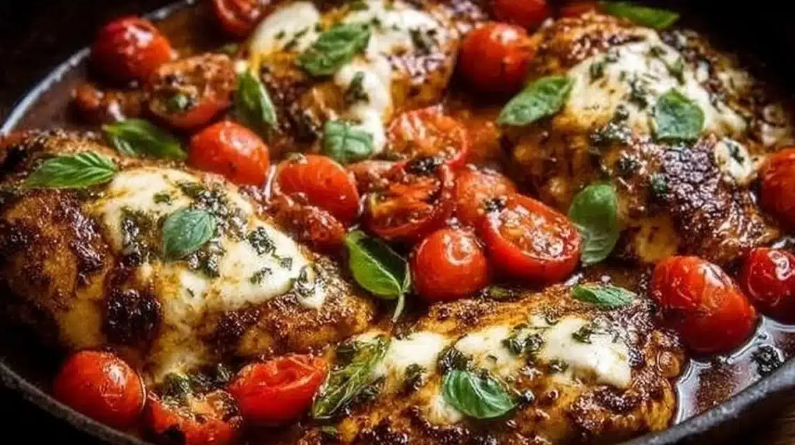 One-pan balsamic chicken served with vegetables for a quick and easy dinner