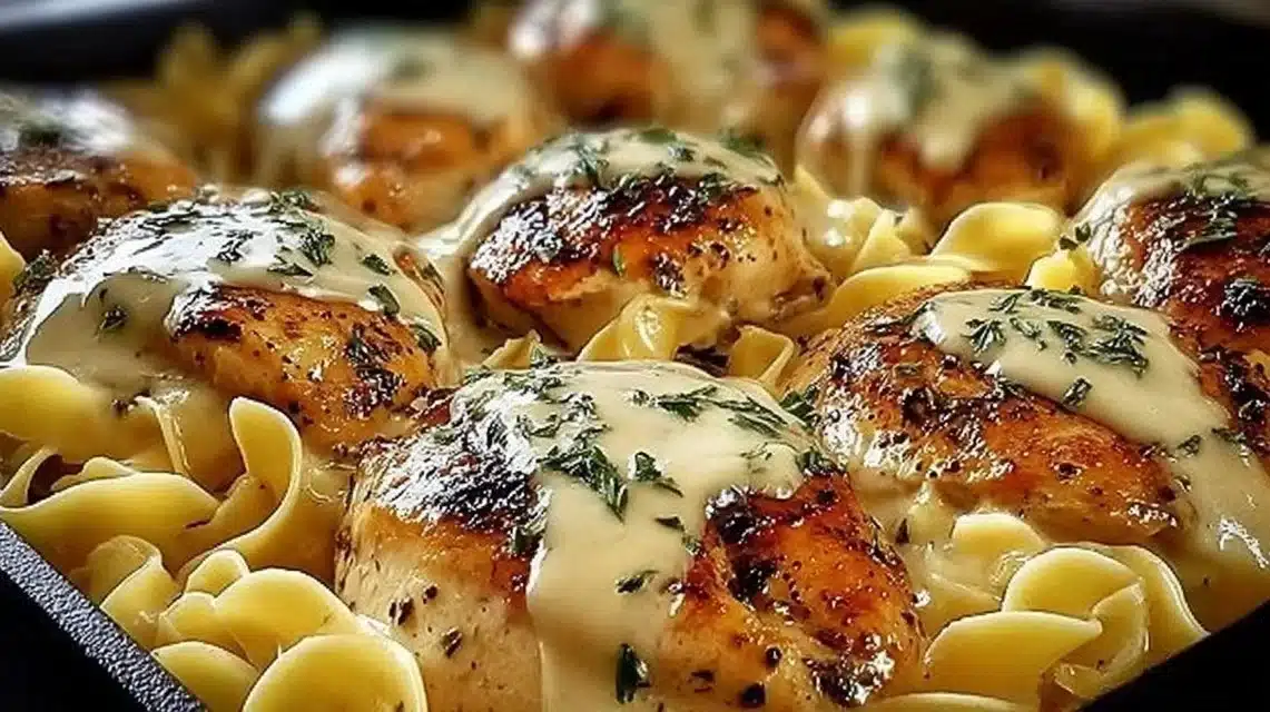 One Pan Chicken with Buttered Noodles Easy Weeknight Dinner 1 One-Pan Chicken with Buttered Noodles plated for a delicious meal