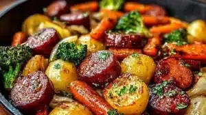 One-Pan Honey Garlic Kielbasa with colorful veggies