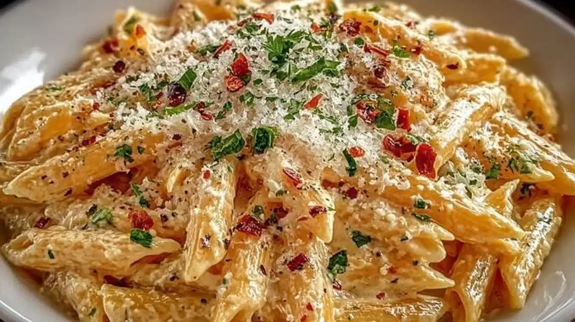 One pot creamy garlic pasta served in a bowl with fresh parsley garnish