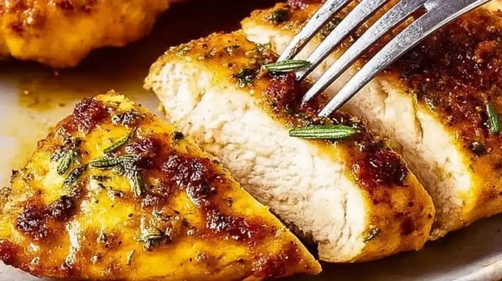 Delicious oven baked chicken breast on a plate with herbs and spices