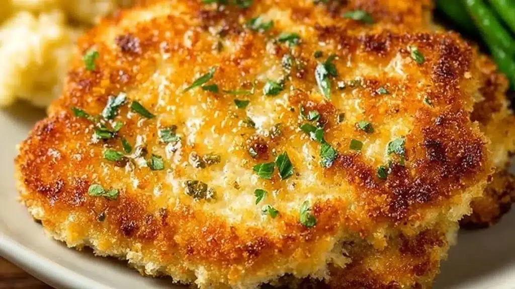 Juicy Parmesan Crusted Chicken served with herbs and vegetables.