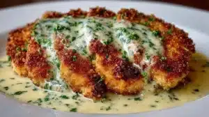 Parmesan Crusted Chicken topped with creamy garlic sauce on a plate