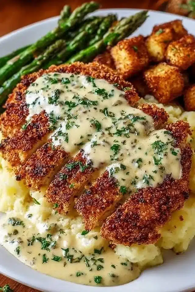 Parmesan Crusted Chicken with Creamy Garlic Sauce – Easy Family Dinner Recipe