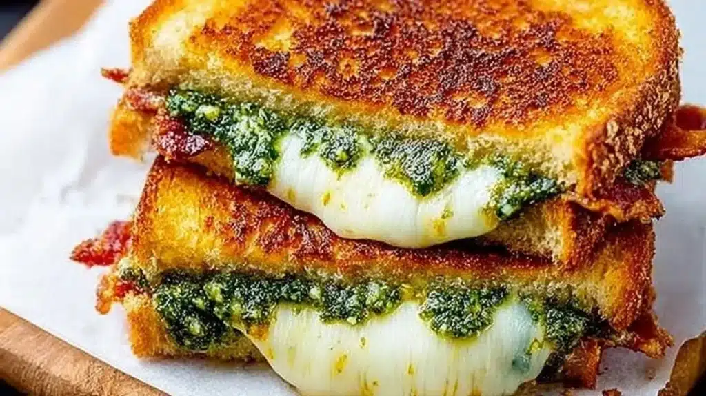 Pesto grilled cheese sandwich with melted cheese and vibrant green pesto spread.