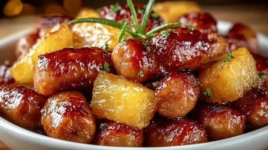 Pineapple Brown Sugar Mississippi Little Smokies Bites served on a platter