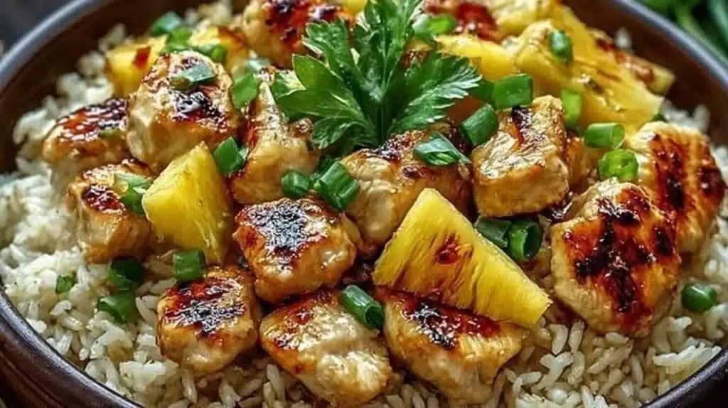 Delicious Pineapple Chicken and Rice dish served with colorful garnishes