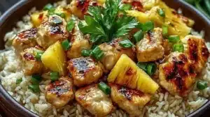 Delicious Pineapple Chicken and Rice dish served with colorful garnishes