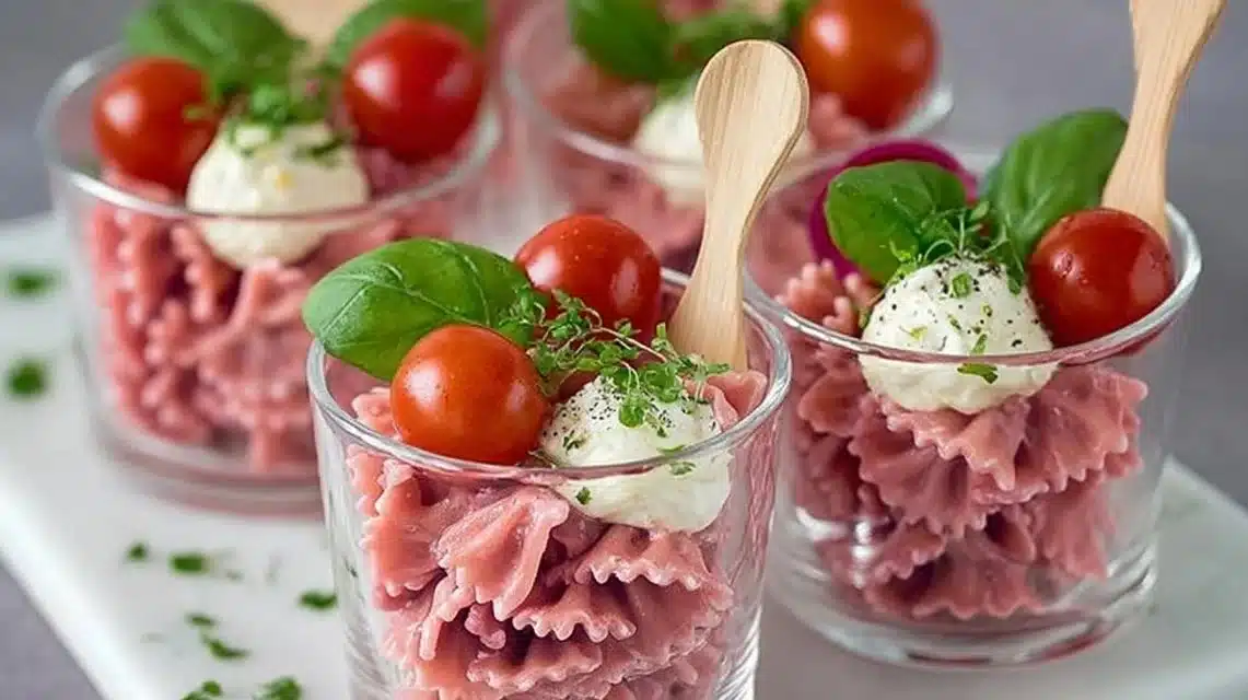 Colorful Pink Pasta Salad Cups served in individual portions