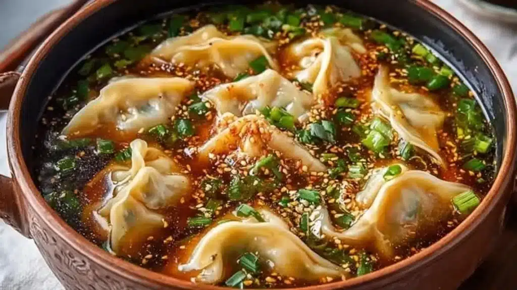 Bowl of homemade Potsticker Soup with dumplings and vegetables
