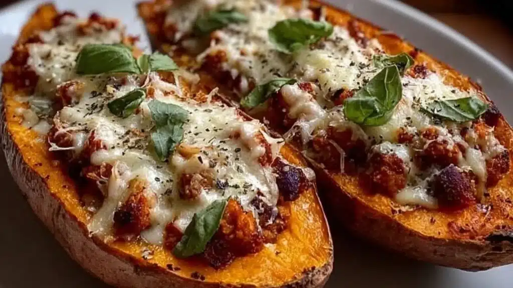 Delicious protein loaded sweet potato boats topped with fresh ingredients.