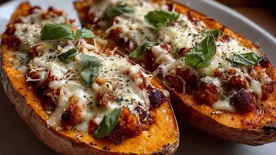 Delicious protein loaded sweet potato boats topped with fresh ingredients.