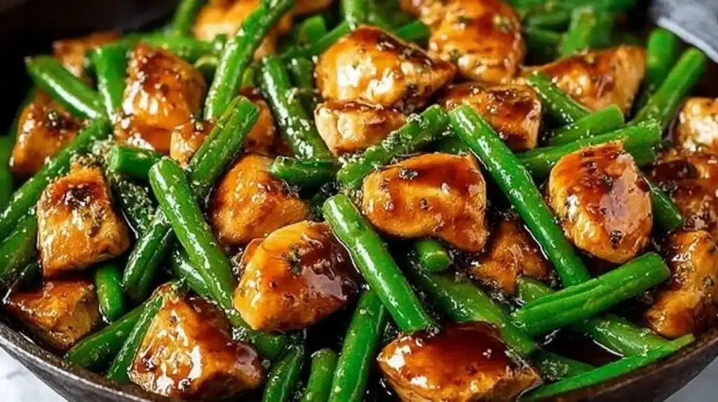 Delicious quick chicken breast with green beans on a plate