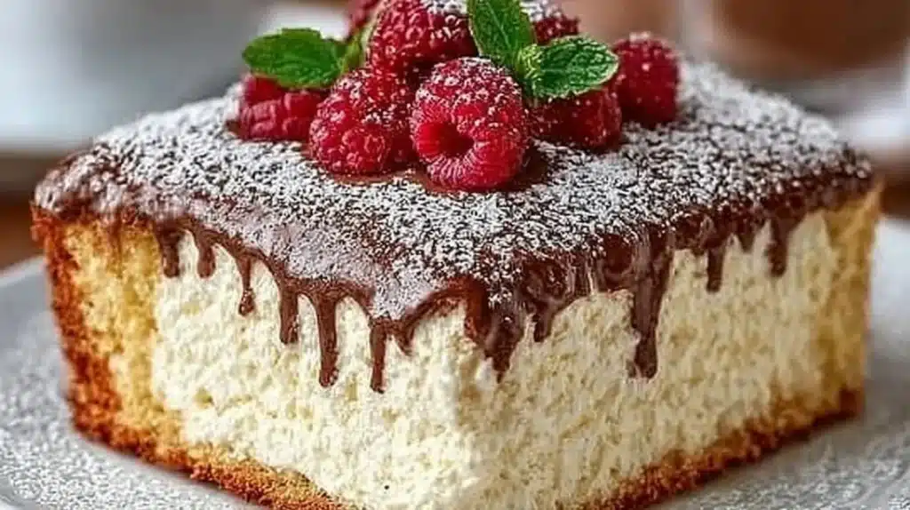 Quick and easy Italian Love Cake topped with fresh strawberries and whipped cream