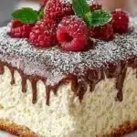 Quick and easy Italian Love Cake topped with fresh strawberries and whipped cream