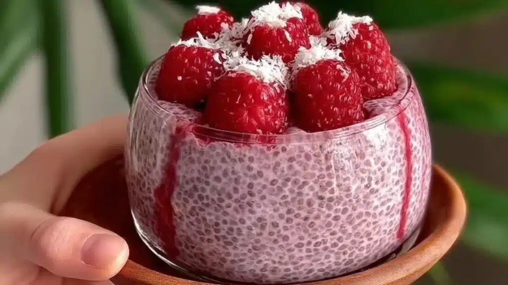 Delicious Raspberry Chia Pudding served in a bowl with fresh raspberries and mint.