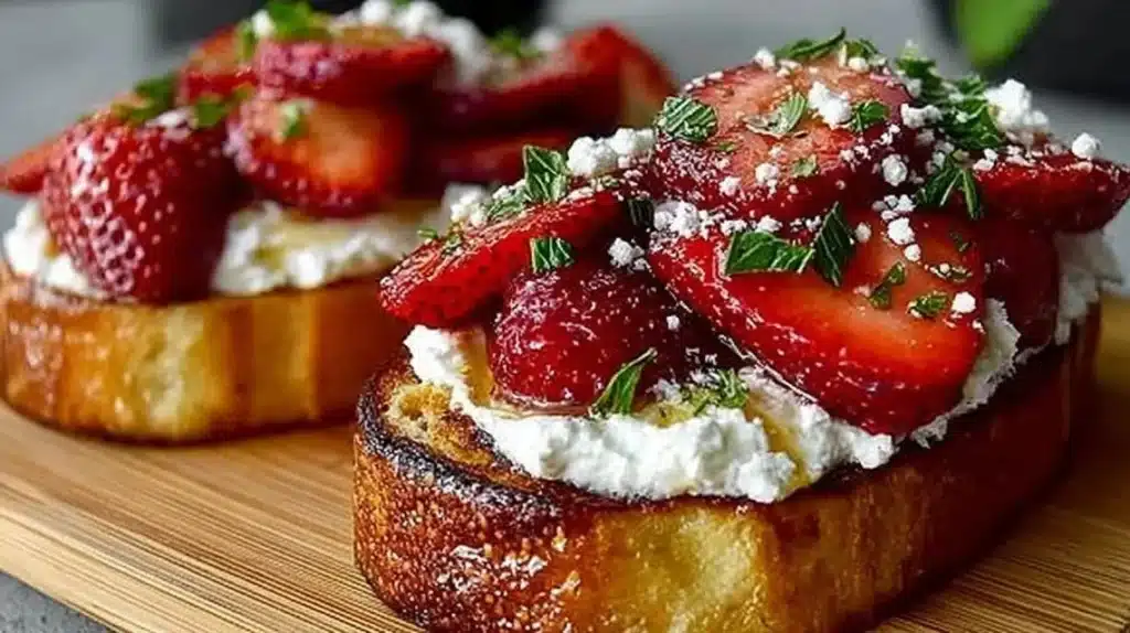 Roasted strawberry whipped ricotta toast with fresh strawberries on top.