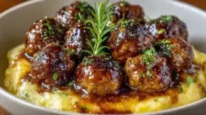 Salisbury steak meatballs with garlic herb mashed potatoes on a plate