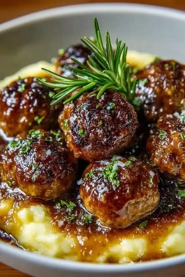 Salisbury Steak Meatballs with Garlic Herb Mashed Potatoes