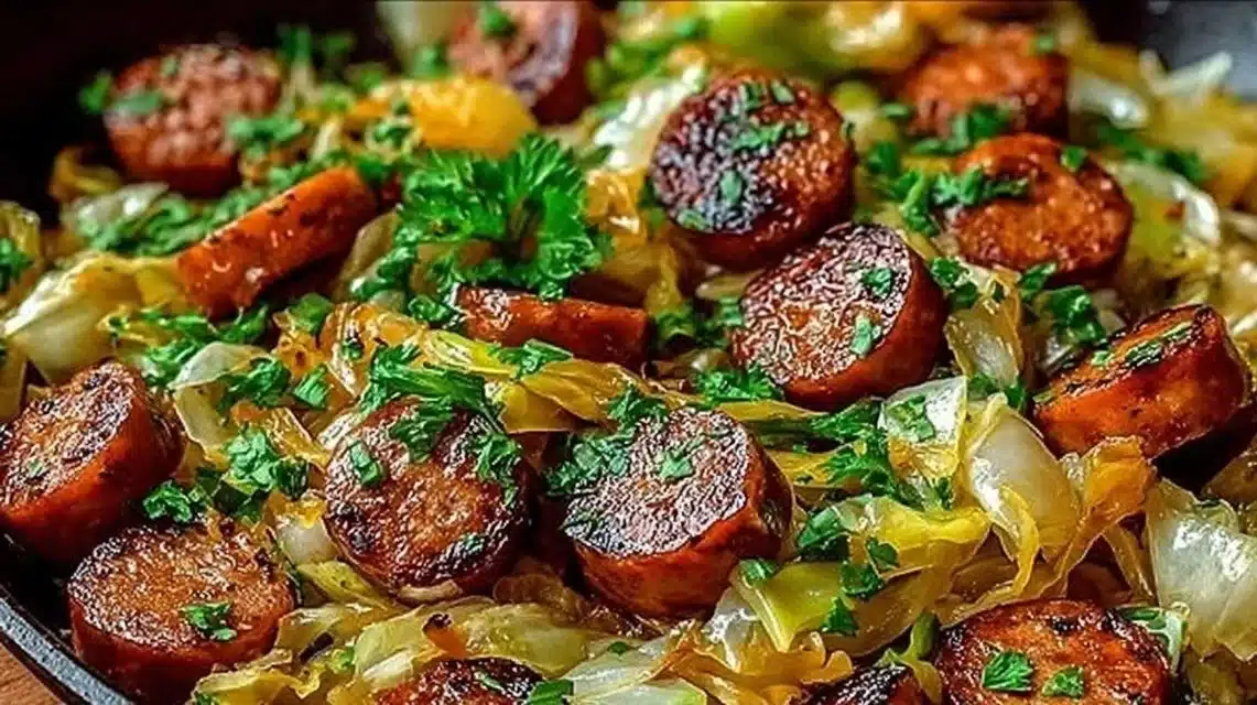 Delicious Sausage and Cabbage Stir Fry served in a colorful bowl